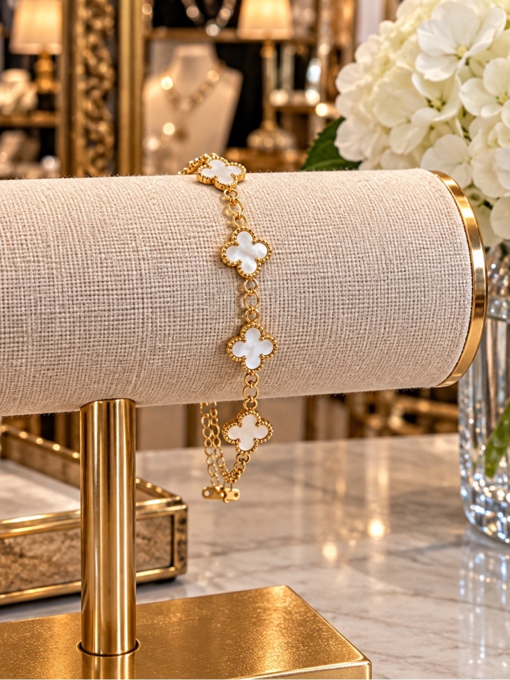 Dainty Gold Bracelet White Iconic Motif